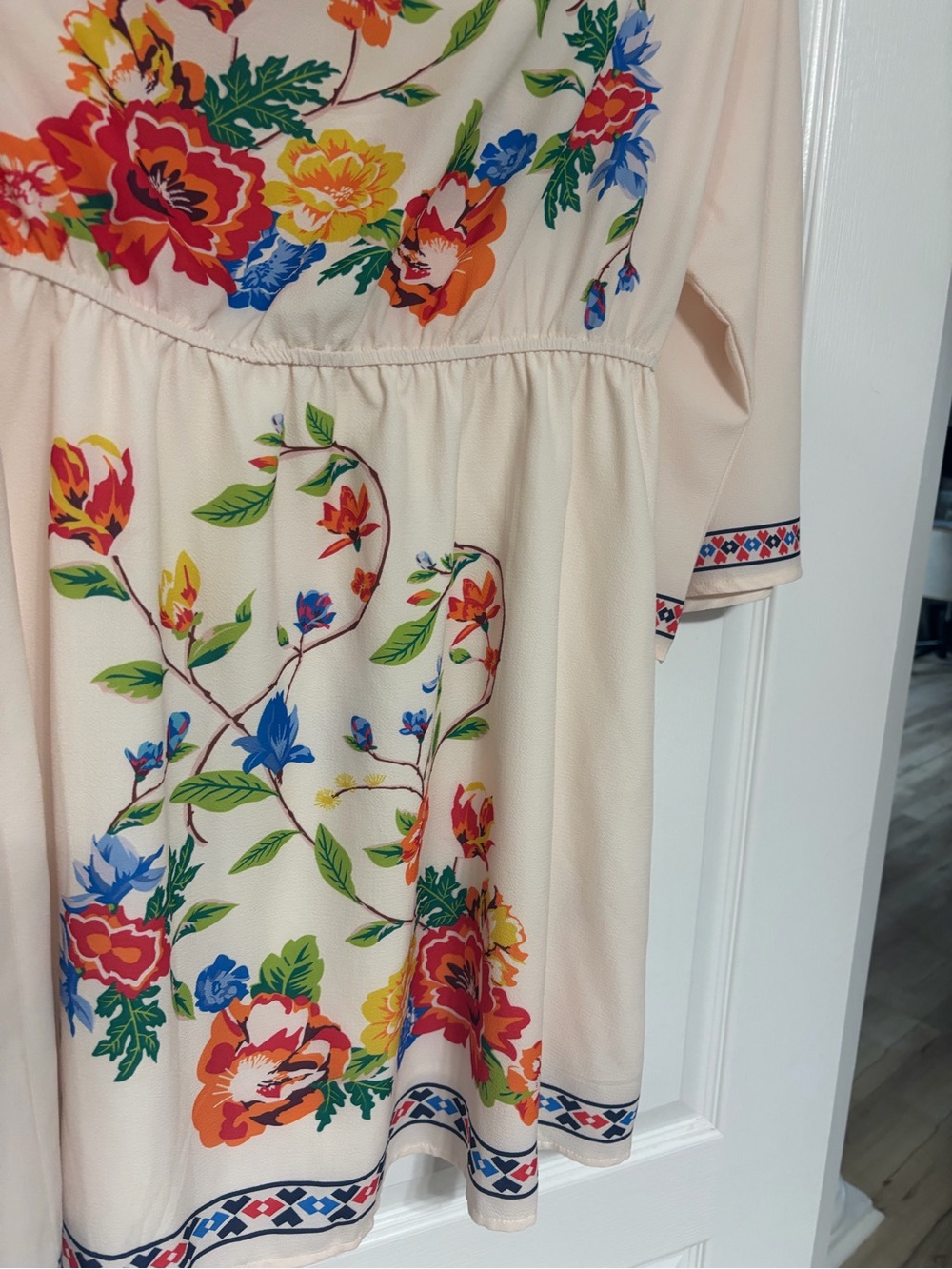 Women’s of shoulder Floral Cream Dress with Multicolor Bloom Print
